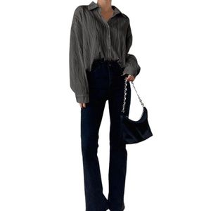 Drop Shoulder Textured Button Down Shirt. Charcoal Gray. Size Medium